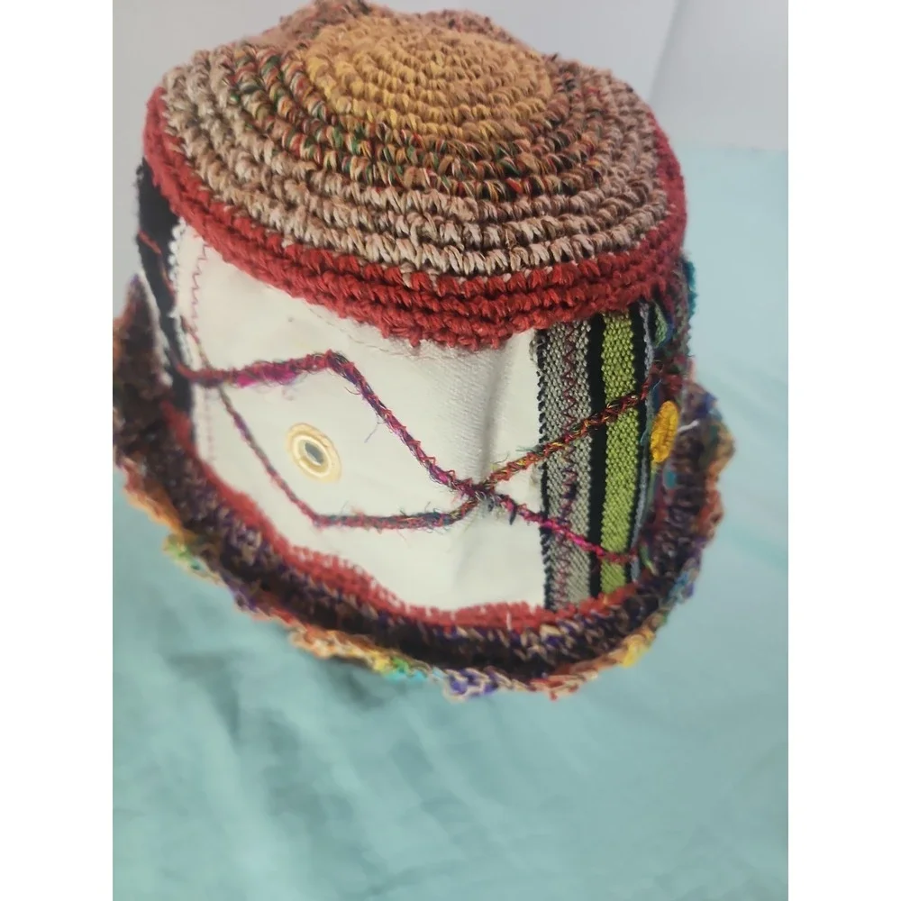 Boho Crochet Patchwork Bucket Hat Hemp Hippie Festival